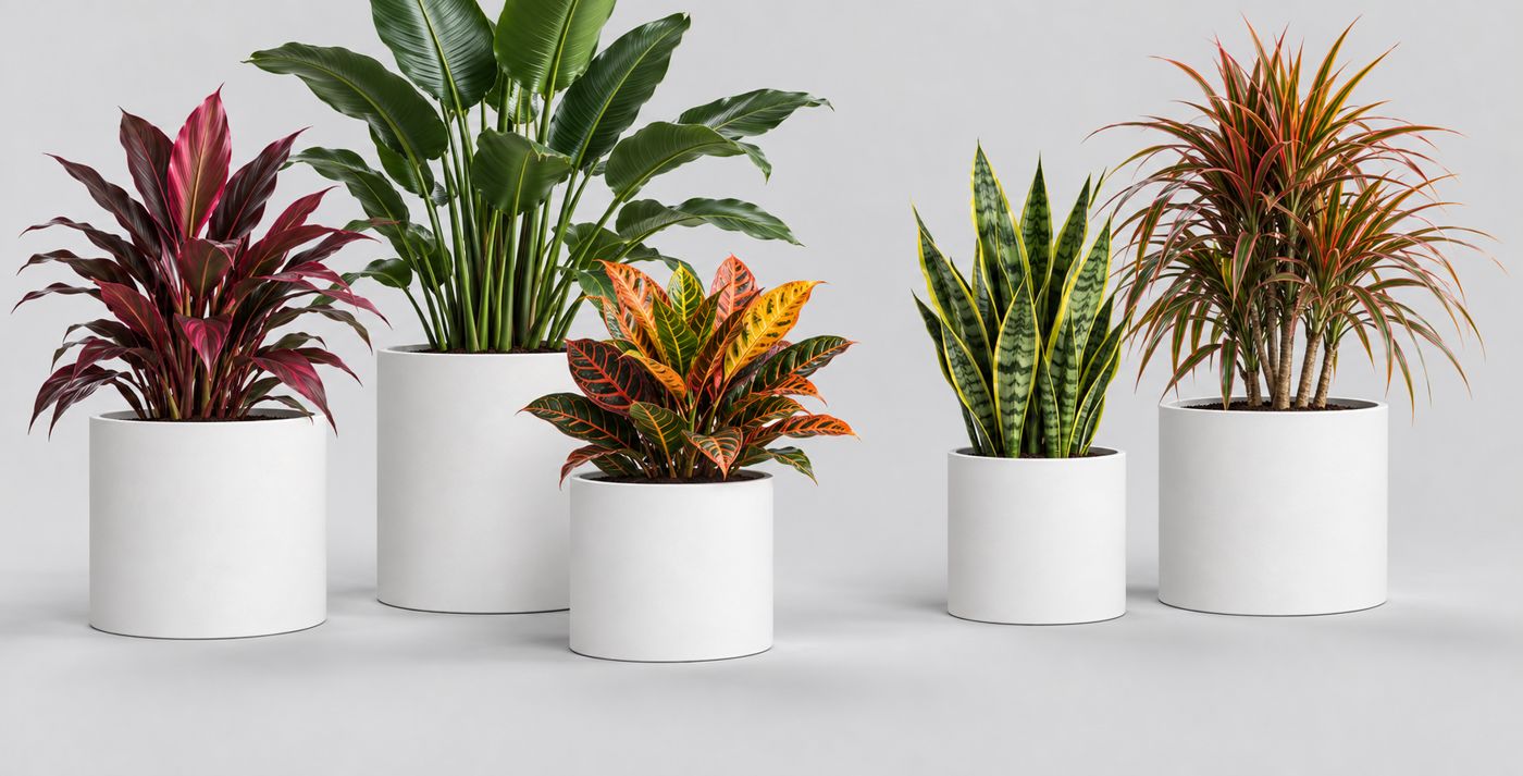 Structural plants with colourful leaves in white pots