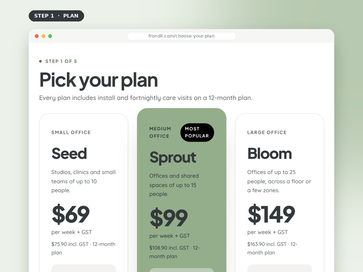 The plan builder, step 1: choosing Seed, Sprout or Bloom
