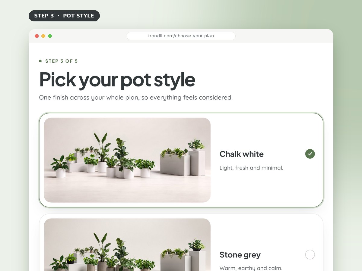 The plan builder, step 3: choosing chalk white, stone grey or charcoal pots