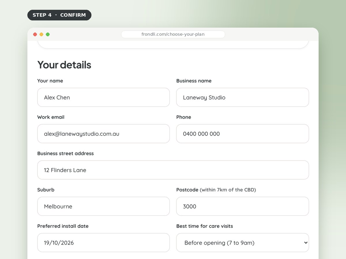 The plan builder, step 4: confirming your details, postcode and install date